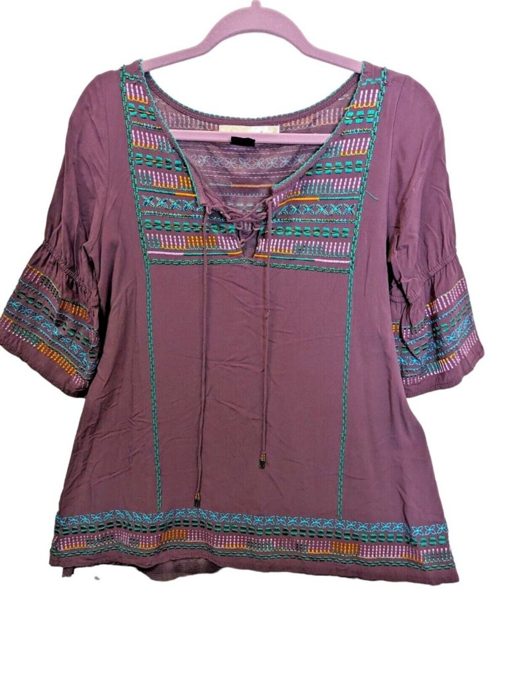 Urban Mangoz Top Women size S Embroidery Purple Bell Sleeves Boho Southwestern